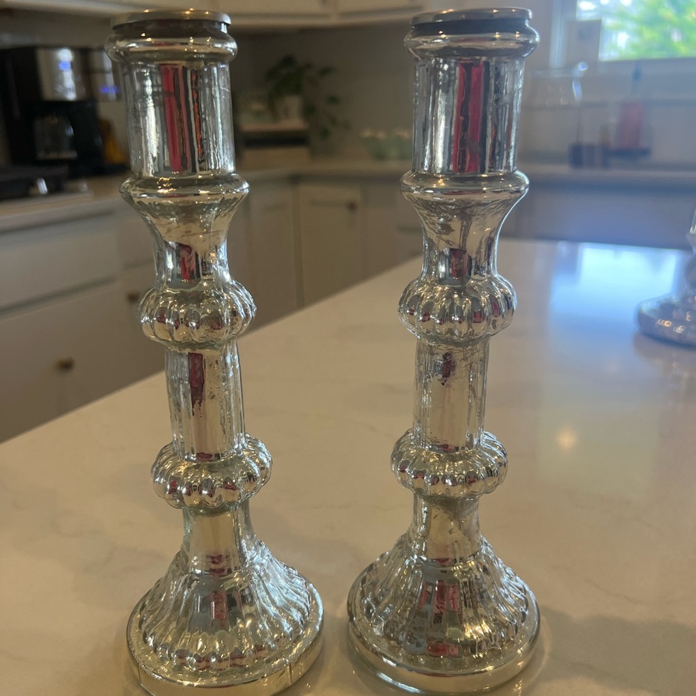Set of TWO Pottery Barn Mercury Glass Candle Holders